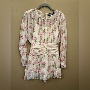 Katie J NYC Floral Ruffle Tiered Mini Dress White Pink JUNIORS Size large